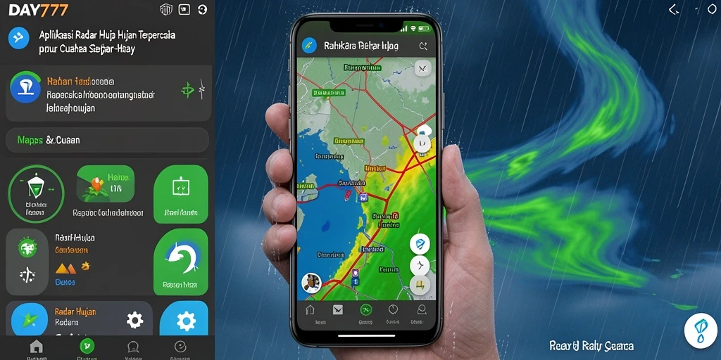 Tampilan antarmuka aplikasi DAY777 dengan peta radar hujan yang interaktif.