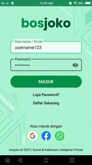 Tampilan halaman login bosjoko