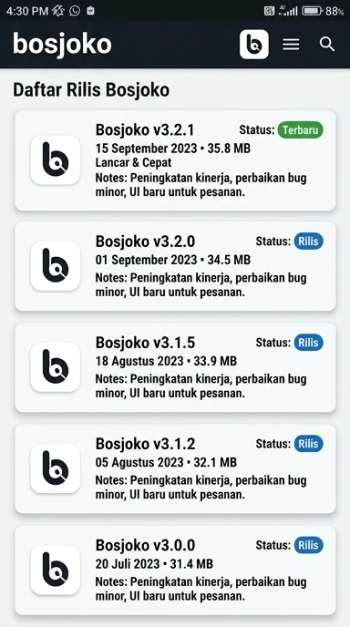 Tampilan riwayat versi bosjoko